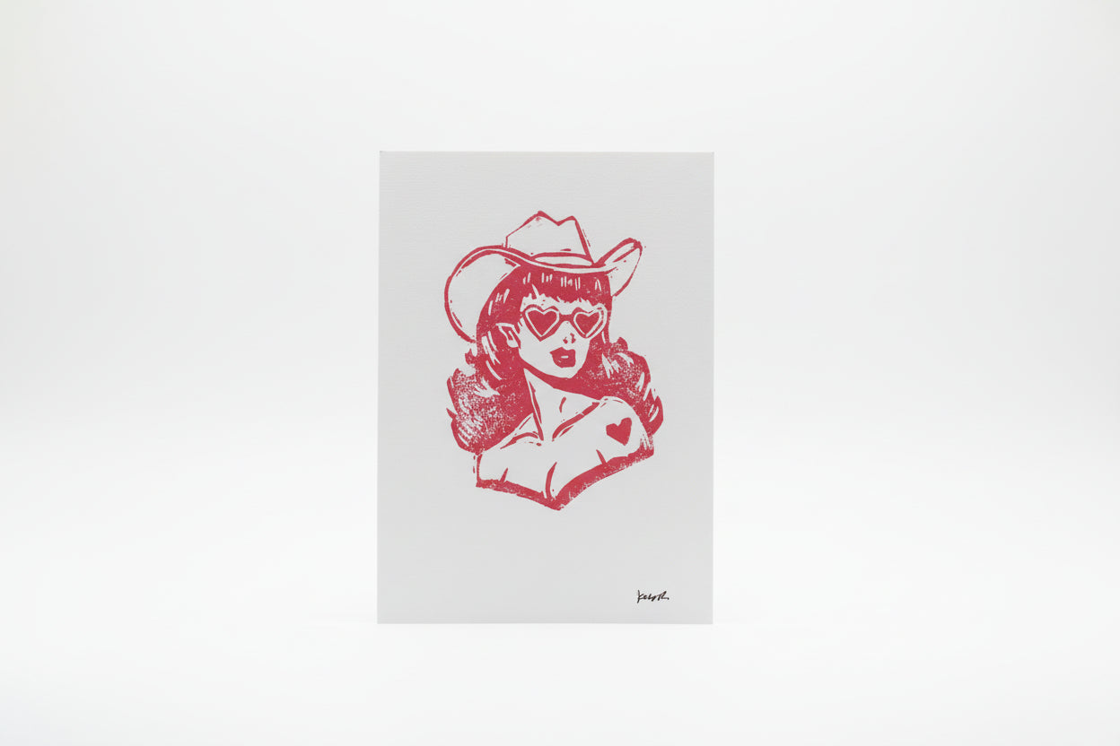 5 x 7 in. cowgirl pink linocut print