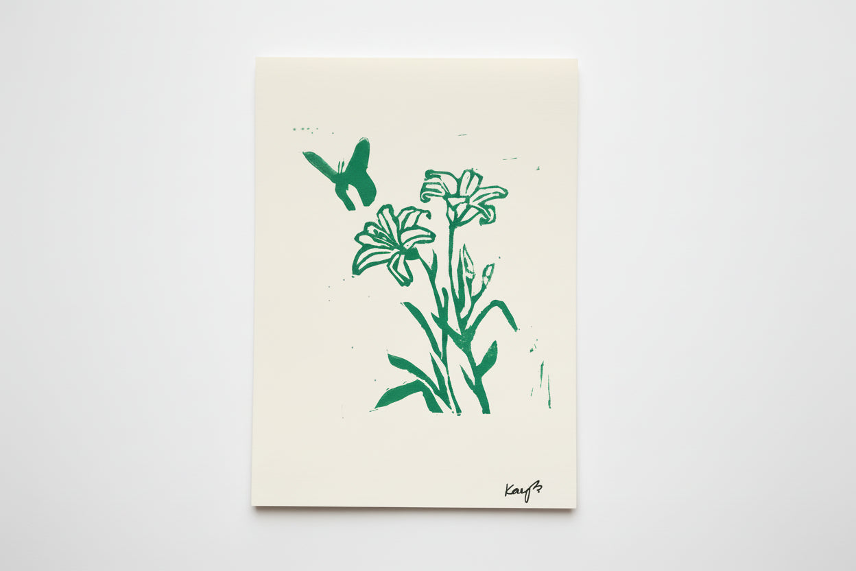 5 x 7 in. lily garden green linocut print