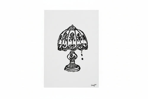 5 x 7 in. granny's lamp black linocut print