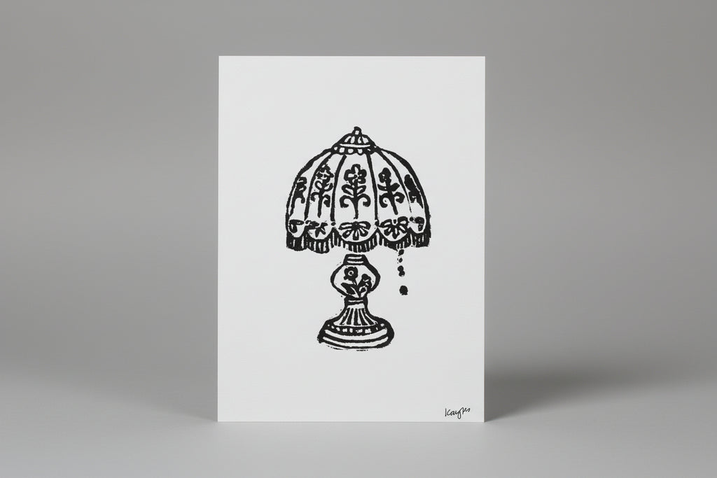 5 x 7 in. granny's lamp black linocut print