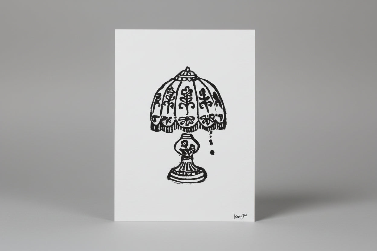 5 x 7 in. granny's lamp black linocut print
