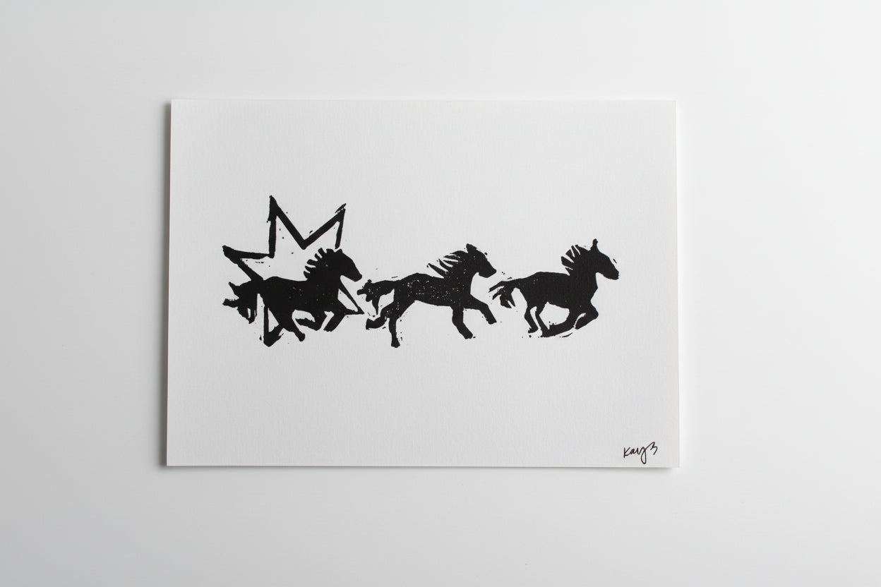 5 x 7 in. star horsies black linocut print